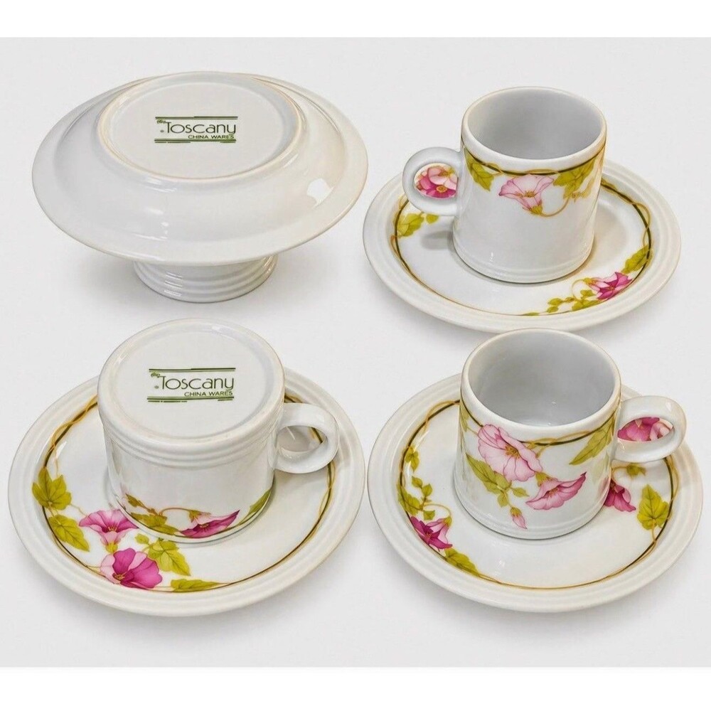 Toscany Floral Decorated Cup & Saucer Set w/ Handle, Printed Backstamp Set